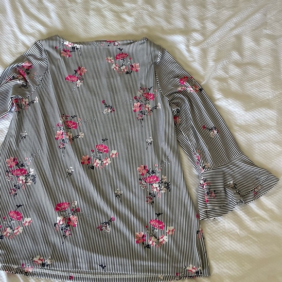 Charter Club Floral Striped Blouse with Red Floral Pattern And Bell Sleeves - Picture 11 of 11